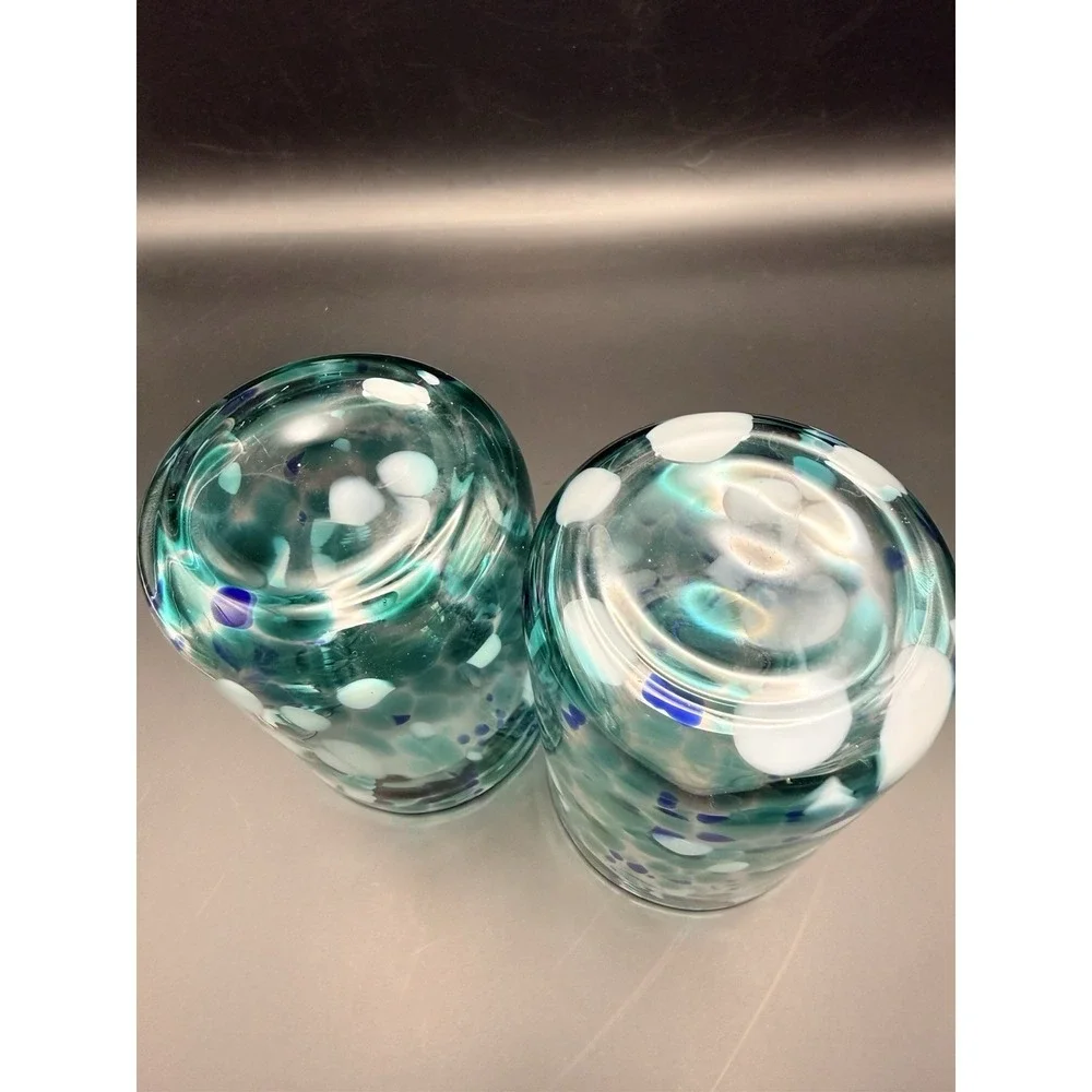Vintage‎ Hand Blown Art Glass Tumblers Set of 2 Blue Green Confetti Coastal